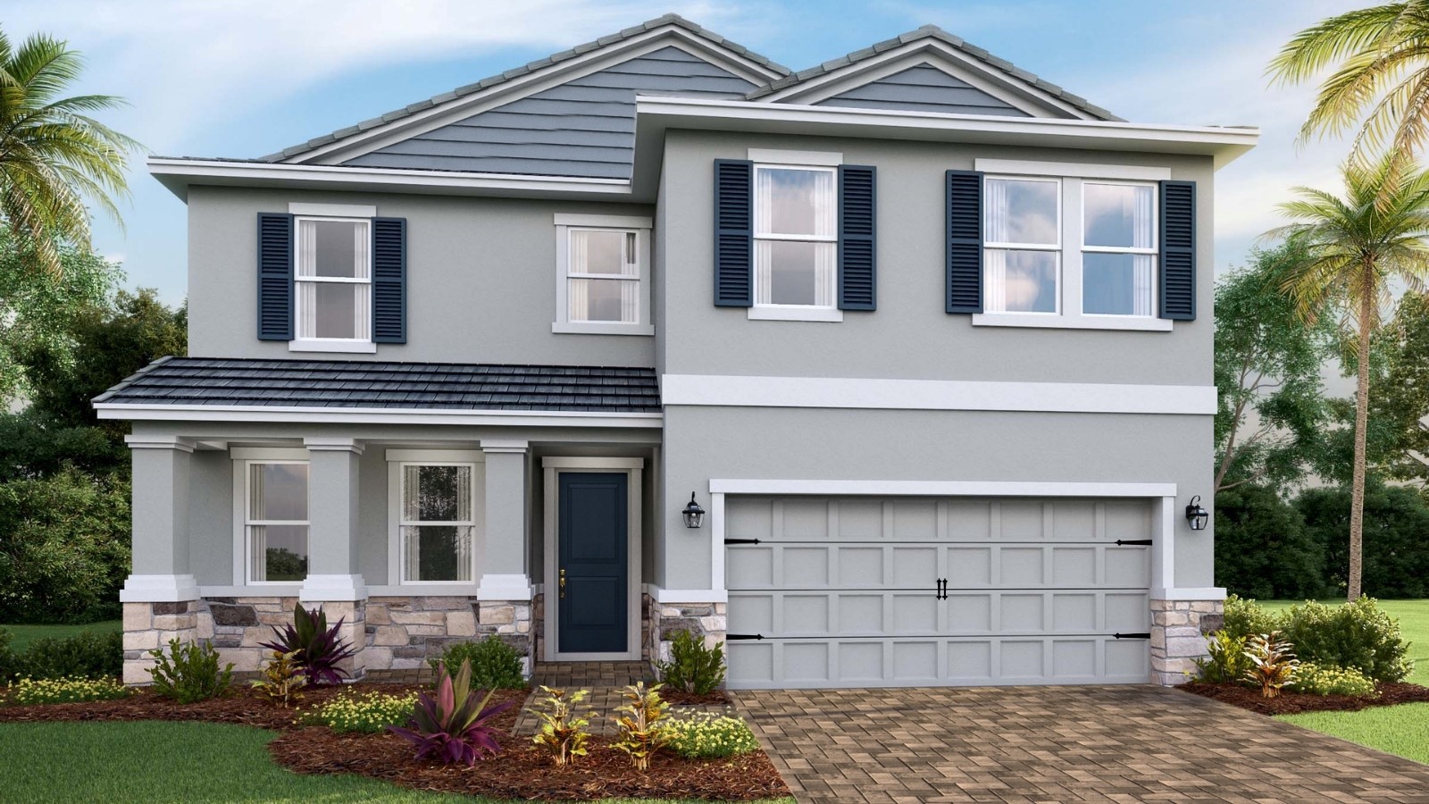 Two-story new home with stucco, covered porch and 2 car garage.
