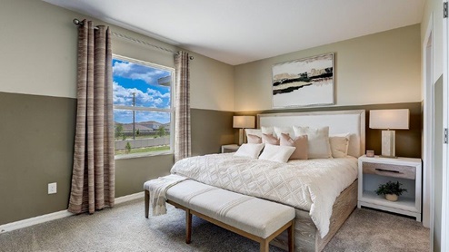 Spacious primary bedroom with king size bed, carpet flooring, natural lighting and a walk in closet.