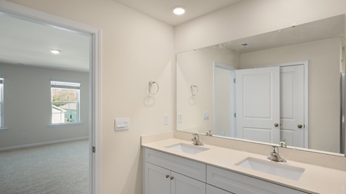 primary bathroom with double sinks and large walk in closet