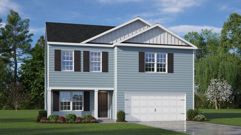 Two-story home with blue siding and a covered porch and a two car garage