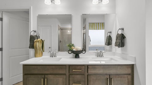 primary bathroom with walk in shower and dual vanity sinks