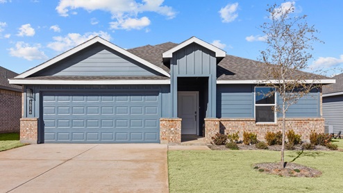 Exterior rendering of single-story modern farmhouse style home with light and dark accents