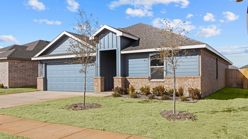 Exterior rendering of single-story modern farmhouse style home with light and dark accents