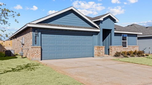 Exterior rendering of single-story modern farmhouse style home with light and dark accents