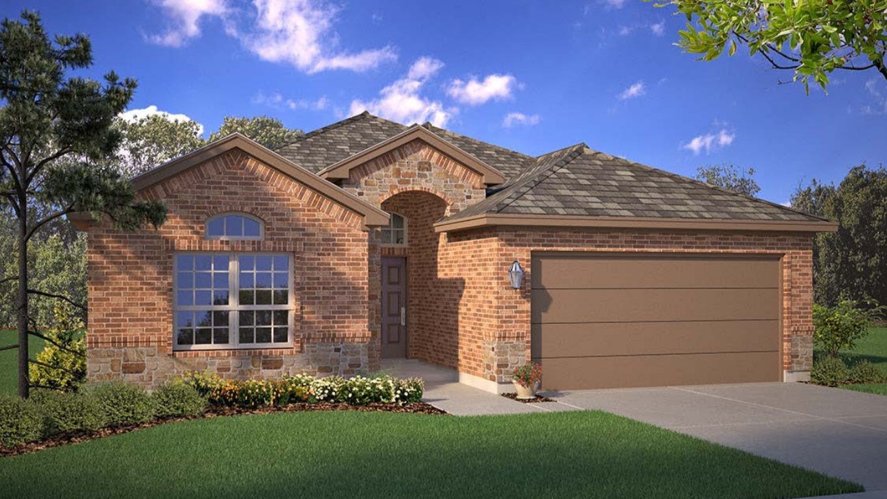 Exterior rendering of single-story modern brick family home