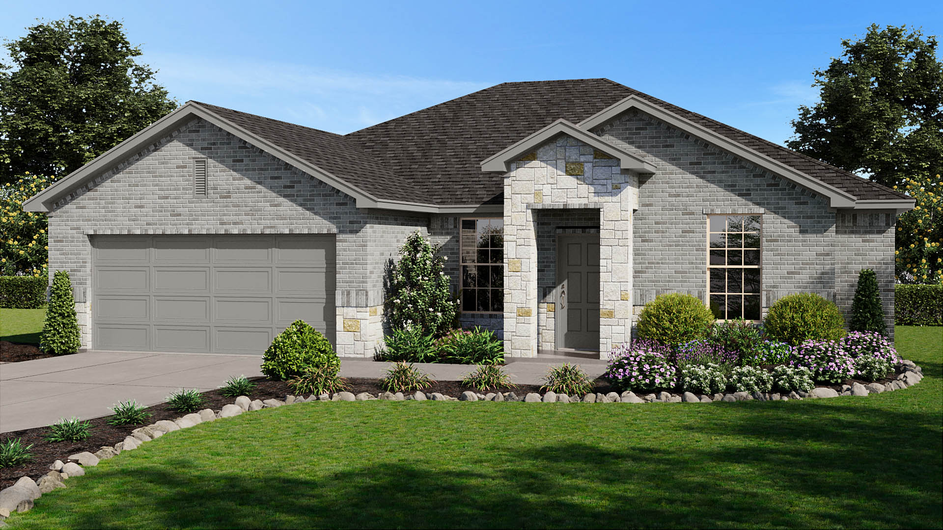 Exterior rendering of single-story family home with light brick