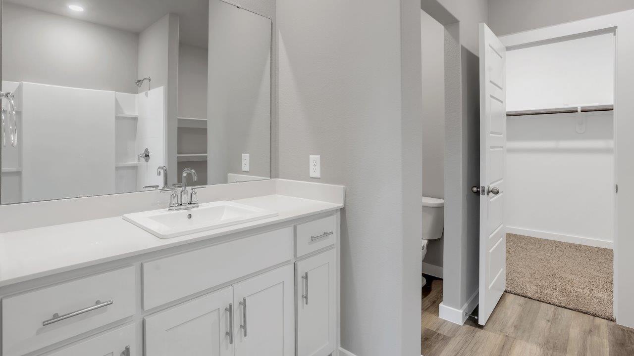 Primary bathroom with built in vanity and walk-in closet