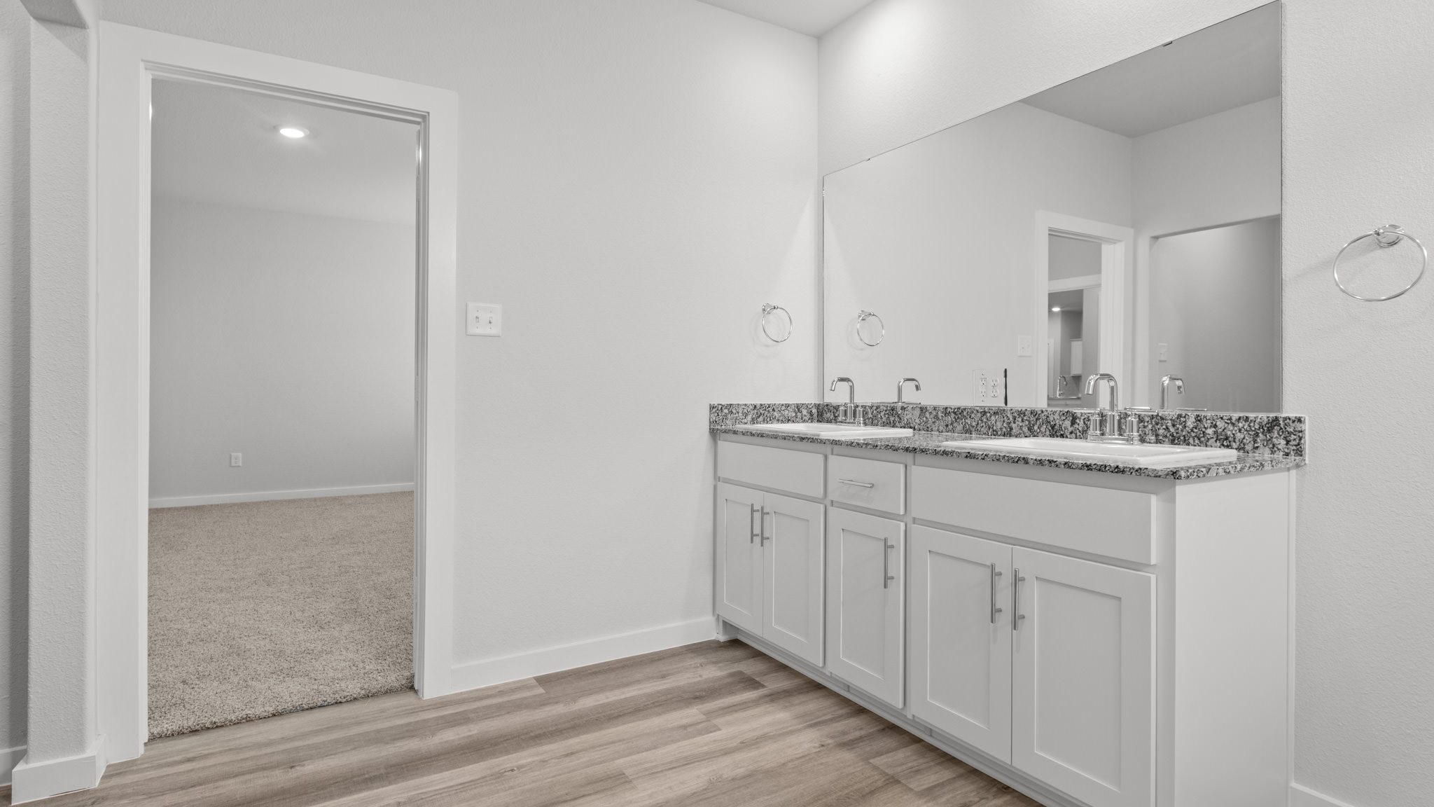 Primary bathroom with built in vanity and luxurious shower