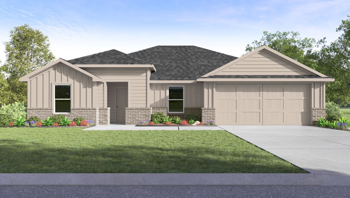 Exterior rendering of single story modern farmhouse style home