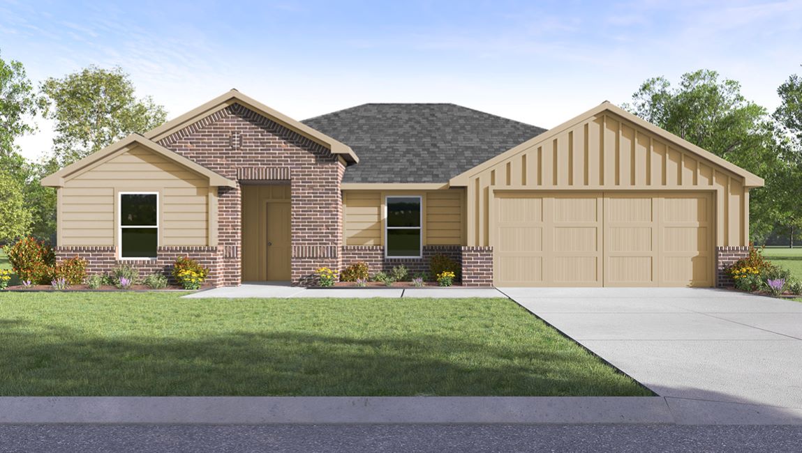 Exterior rendering of single story modern farmhouse style home