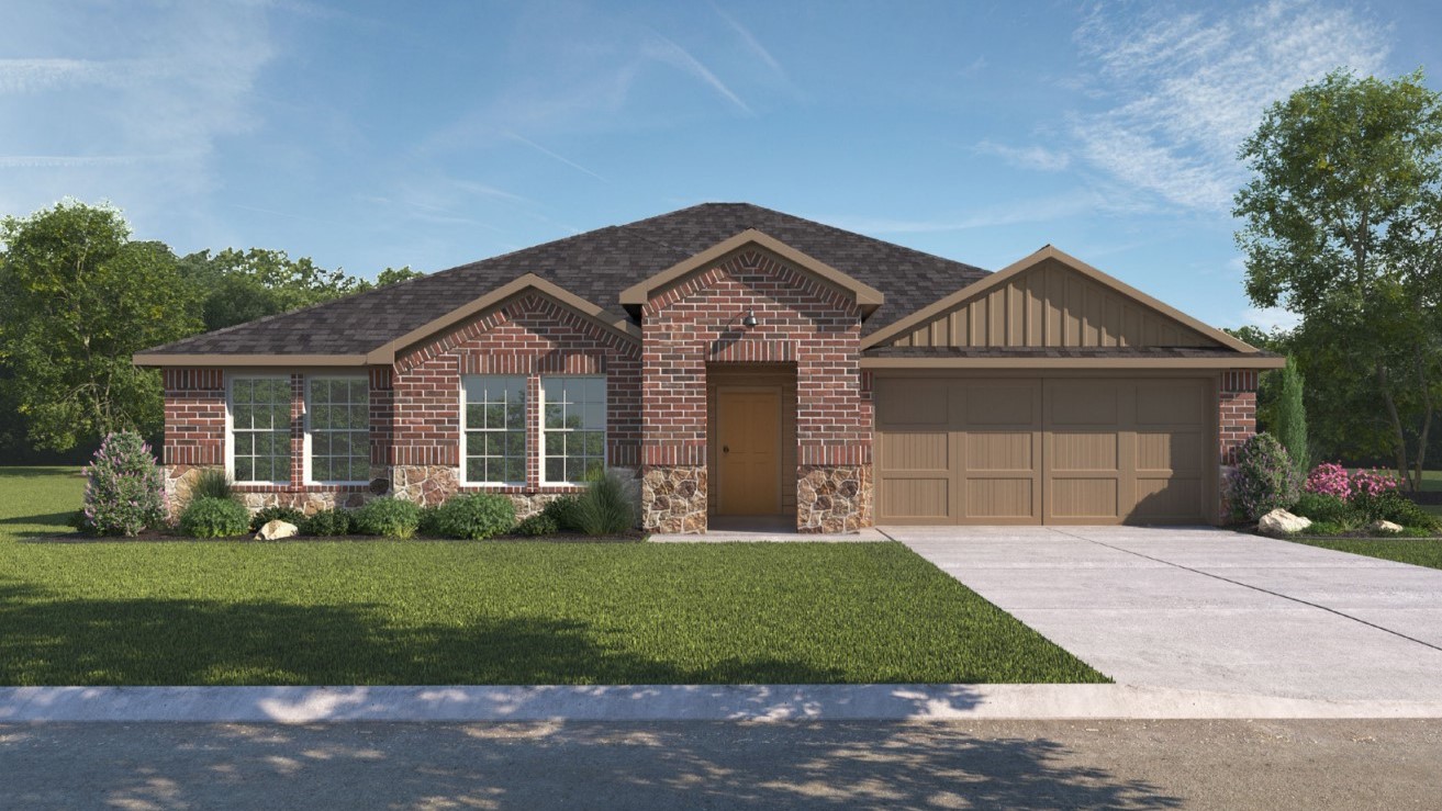 Exterior rendering of single-story modern brick family home