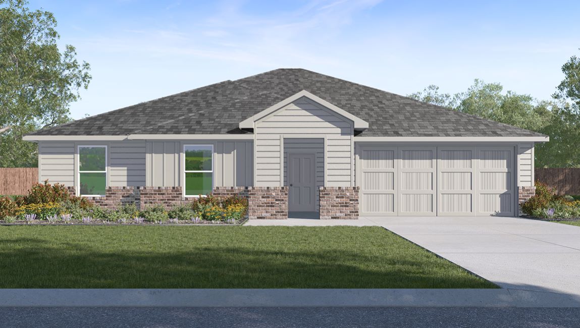 Exterior rendering of single story modern farmhouse style home