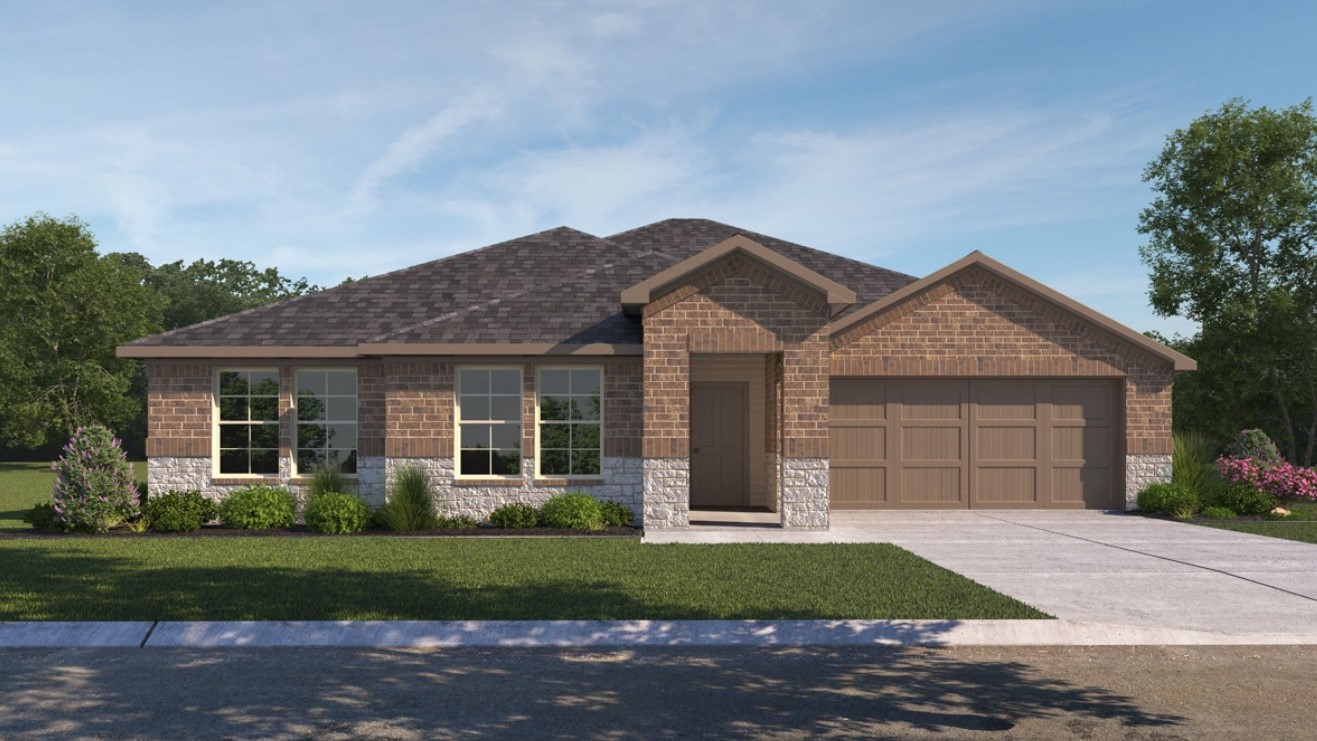 Exterior rendering of one-story single-family modern brick home