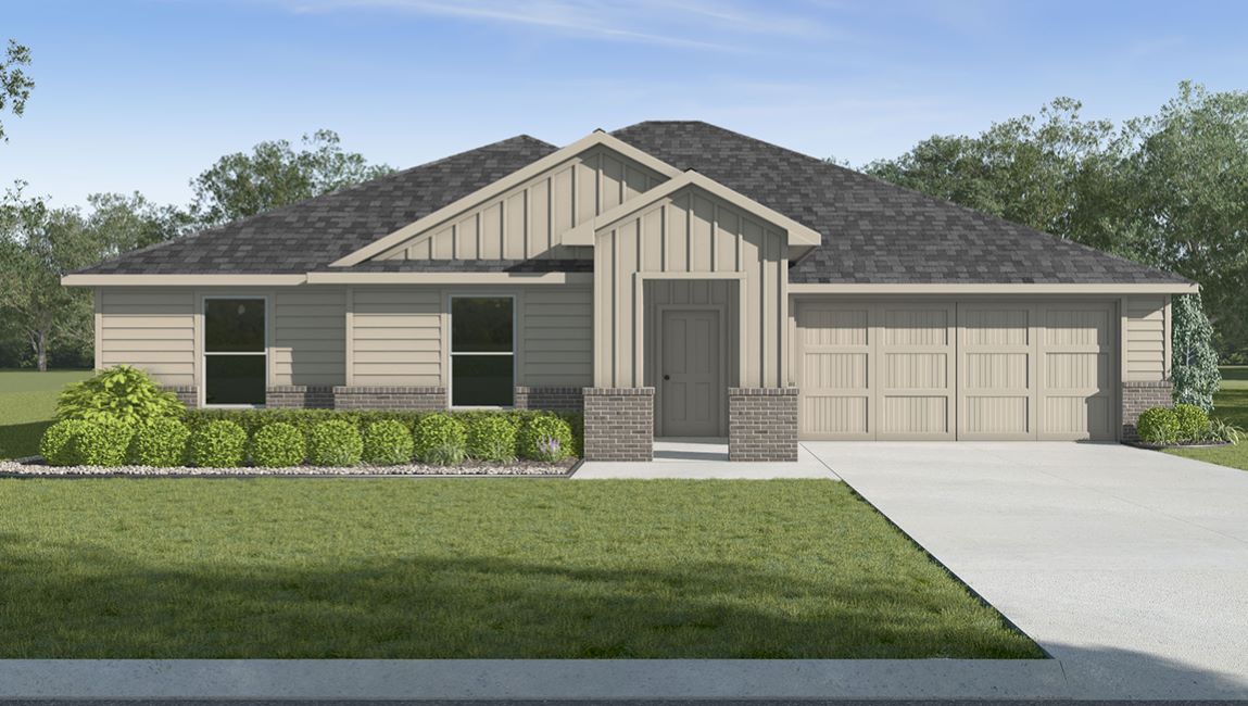 Exterior rendering of single story modern farmhouse style home