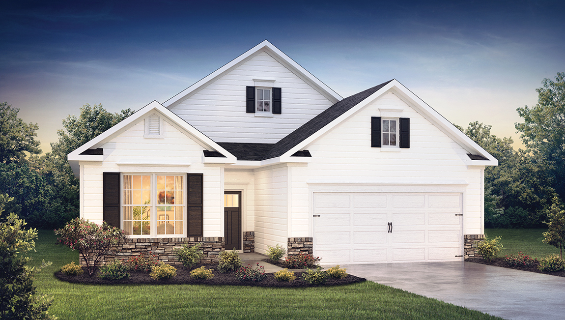 Exterior of two-story white house with white two car garage.