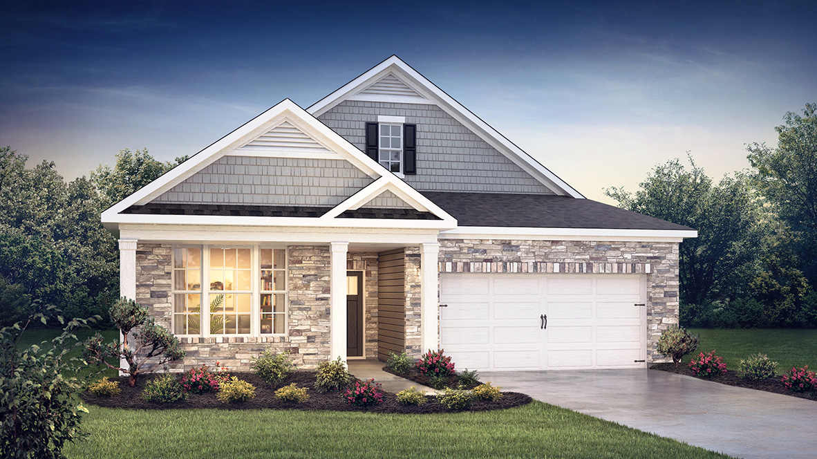 A rendering of a Clifton home with stone siding and shake style gray accent siding, white trim, and white two car garage.