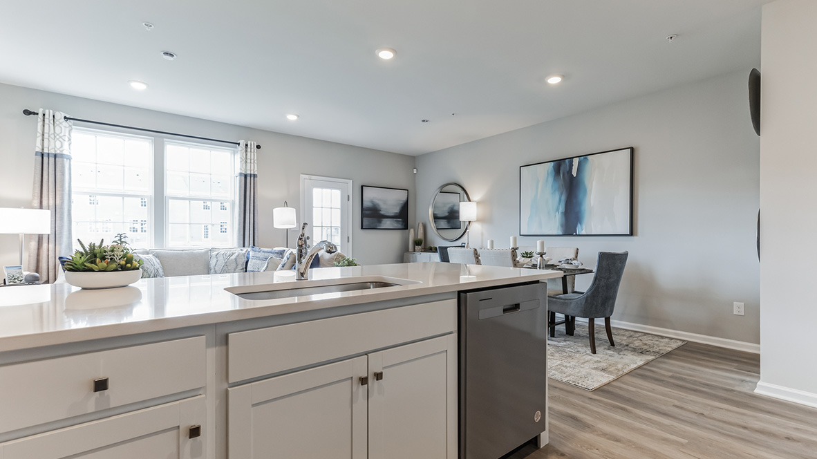 In the kitchen area behind the counter with the dining and living area visible.