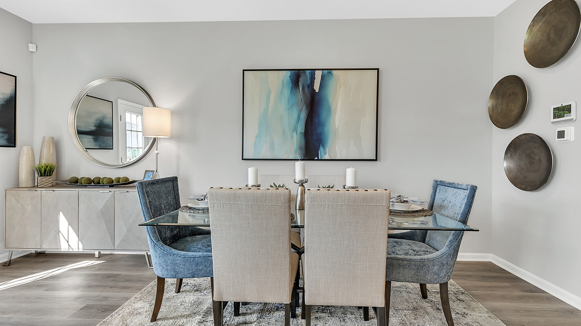 Modern dining area with a six seater table.