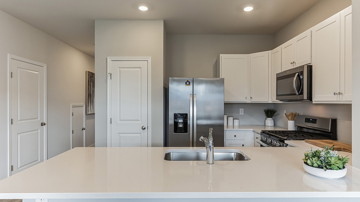 On the back side of the counter with the pantry in front and door to the half bath visible.