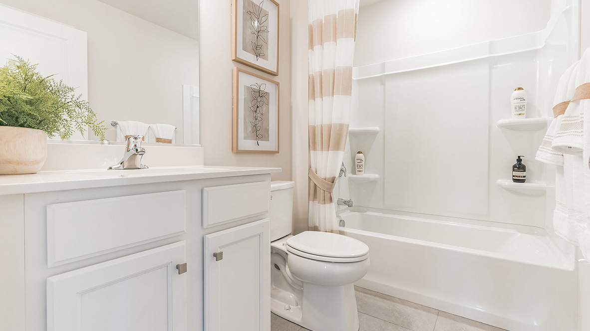 The guest bathroom has a tub shower, toilet and vanity.
