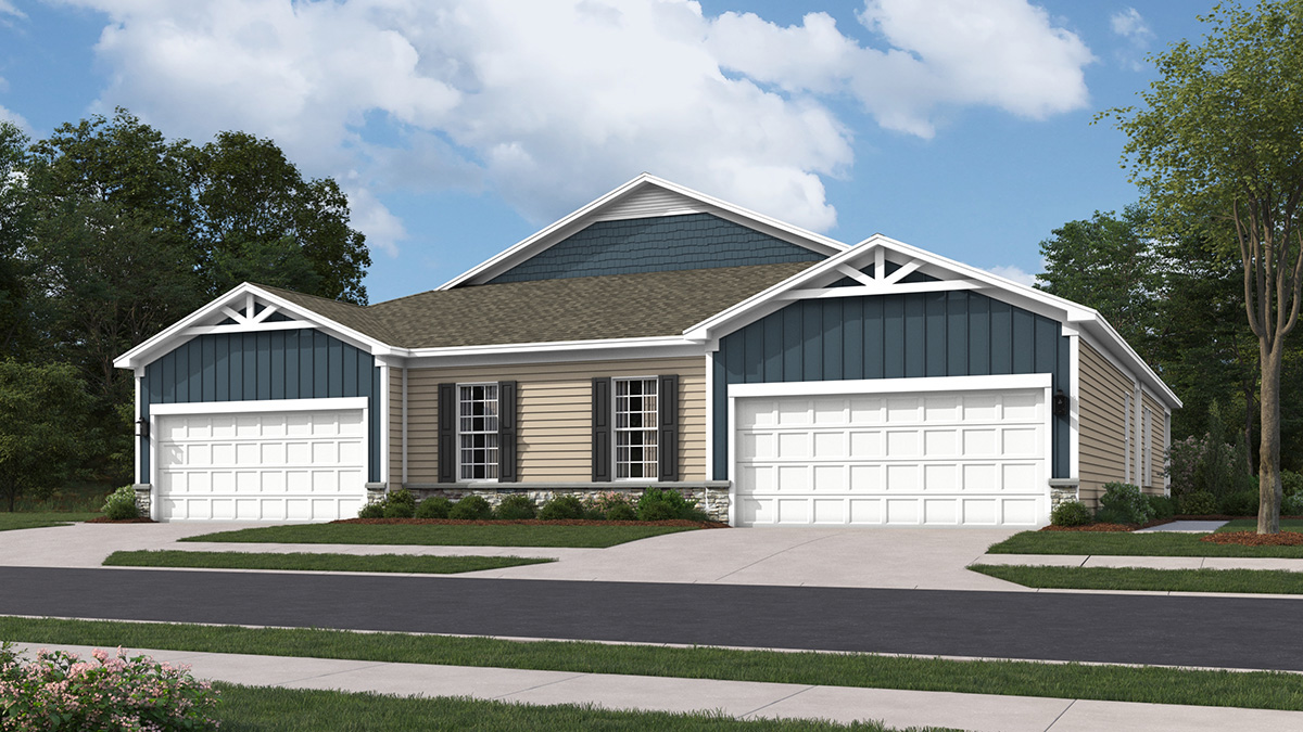 Burlington plan single-story twin home in midnight surf and tan siding, black shutters, and white garage door.