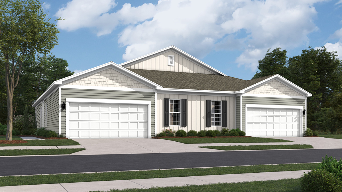 Burlington plan single-story twin home in wicker color siding, midnight surf board and batten accent siding, black shutters, and white garage door.
