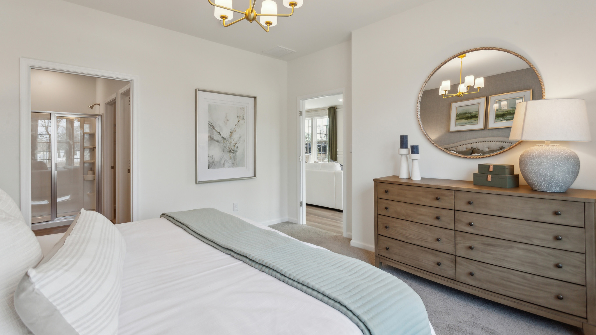 The primary bedroom is located off the living area.