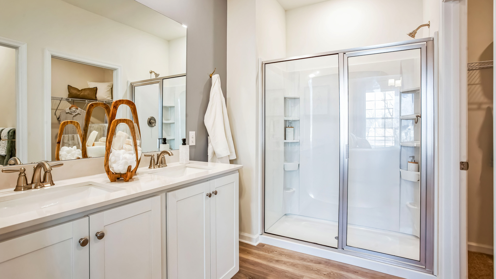 primary bedroom with standing shower