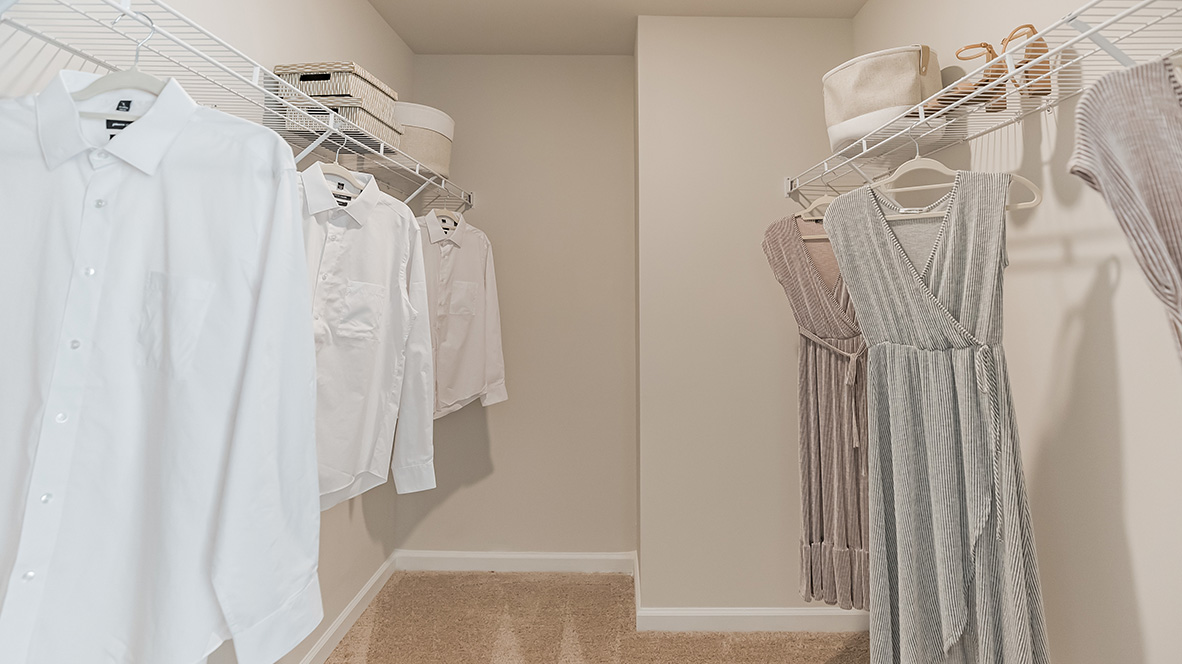 Primary connecting closet with racks and shelves.
