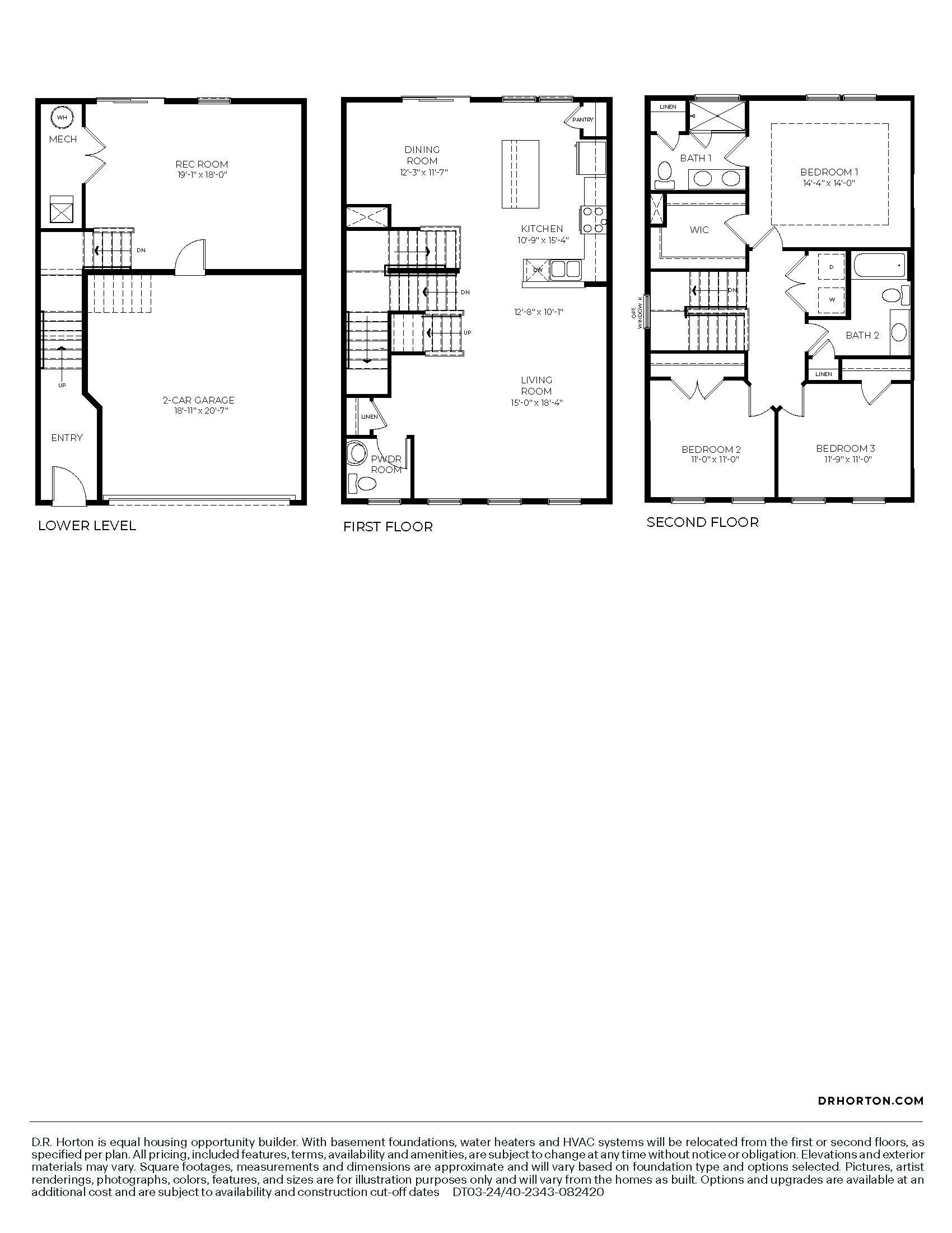 Regent floorplan line drawing with lower level, 1st floor, and 2nd floor