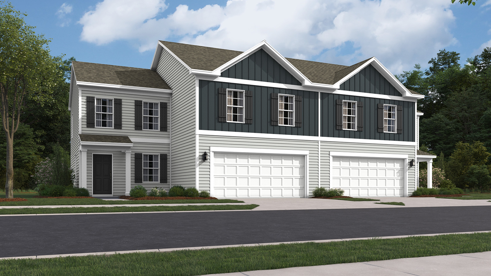 Derby Twin two story home exterior with navy blue and gray paneling and white 2 car garage