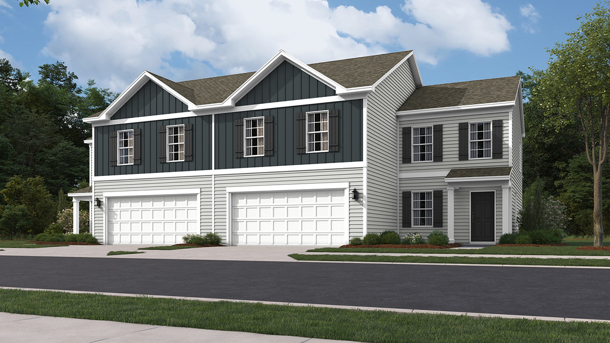 Derby Twin two story home exterior with navy blue and gray paneling and white 2 car garage