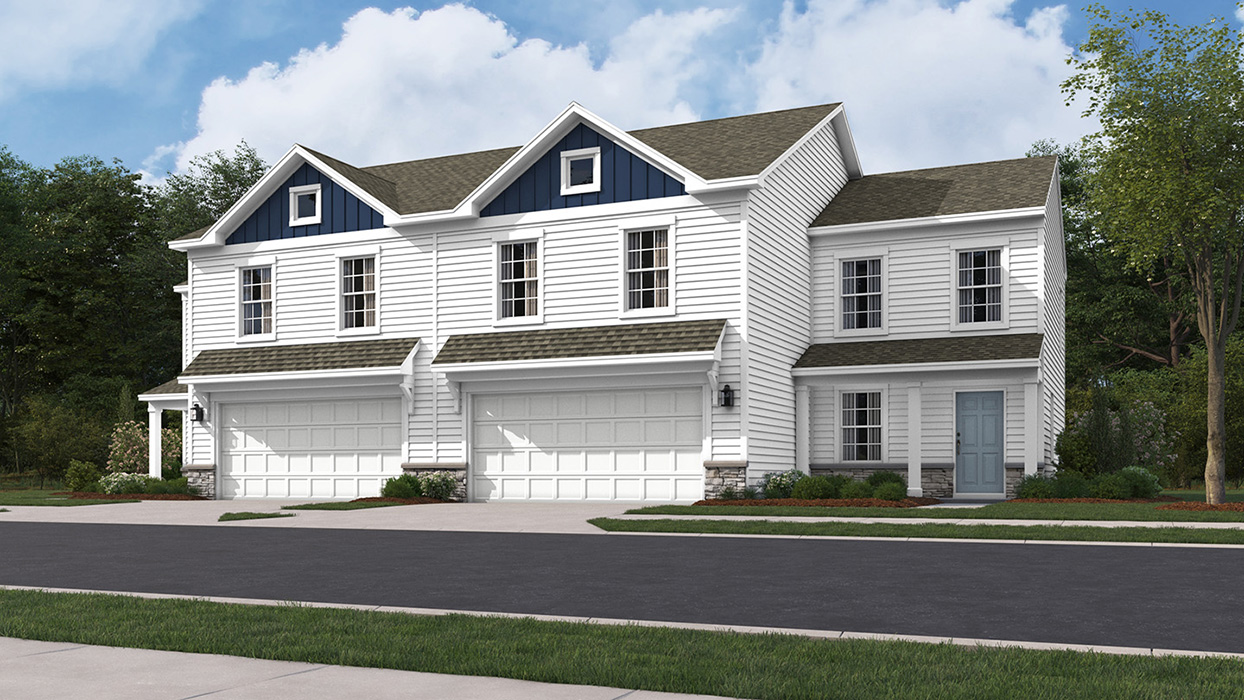 Derby Twin two story home exterior with white and navy blue paneling and white 2 car garage
