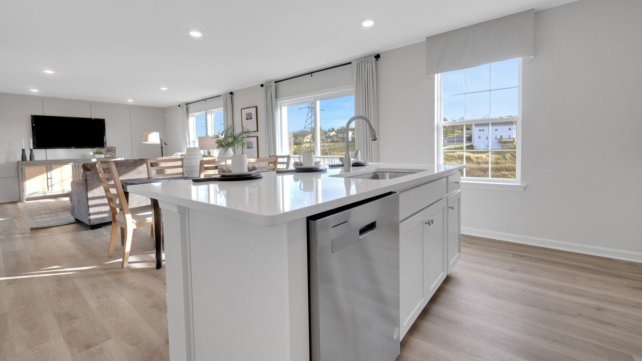The spacious kitchen has a large island.