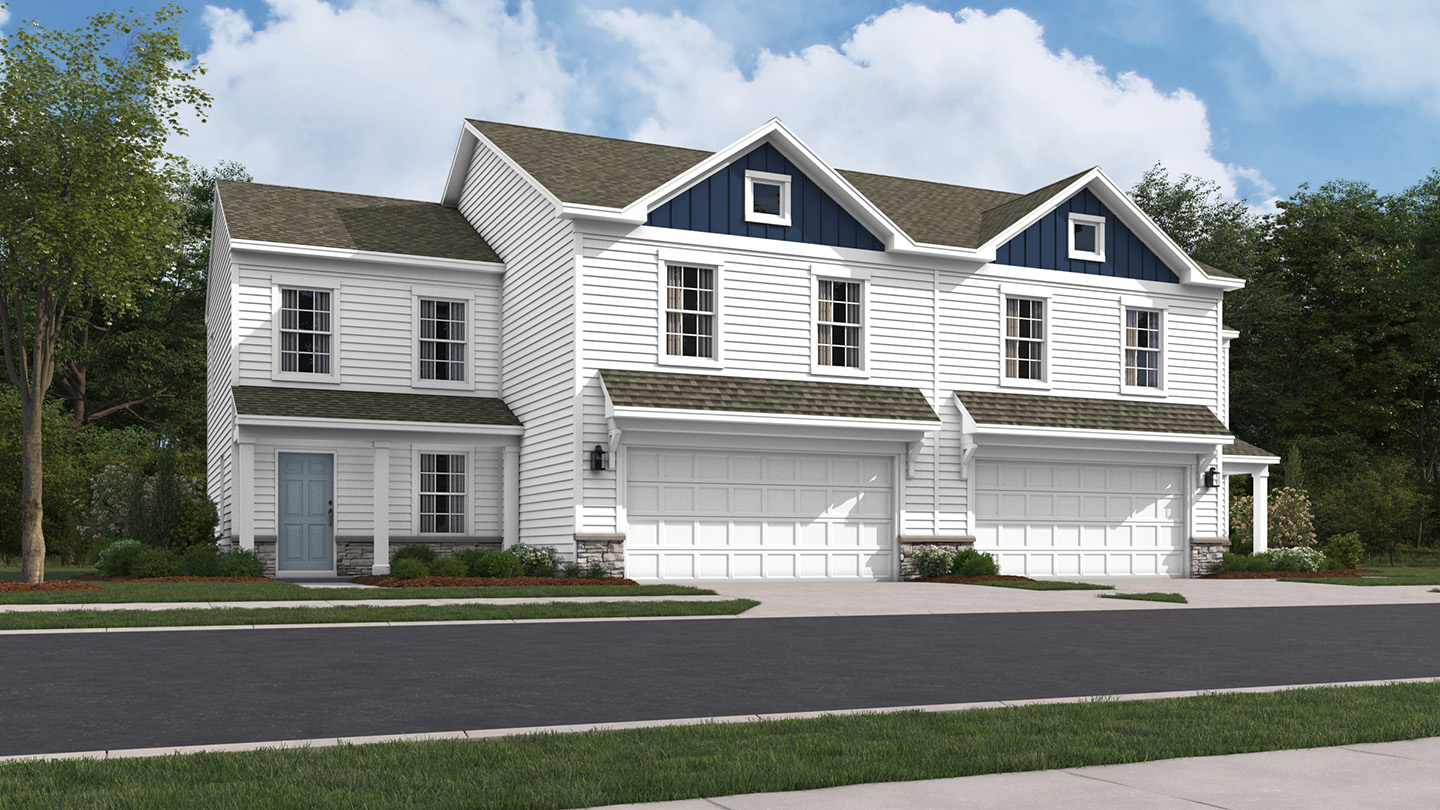 Derby Twin two story home exterior with white and navy blue paneling and white 2 car garage