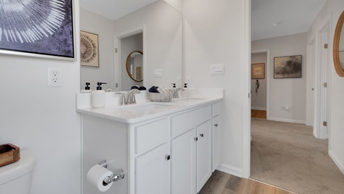 The secondary bathroom with double-bowl vanity.