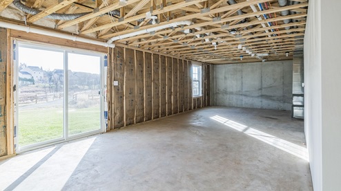 Massive unfinished basement with a sliding glass door is perfect for storage space.