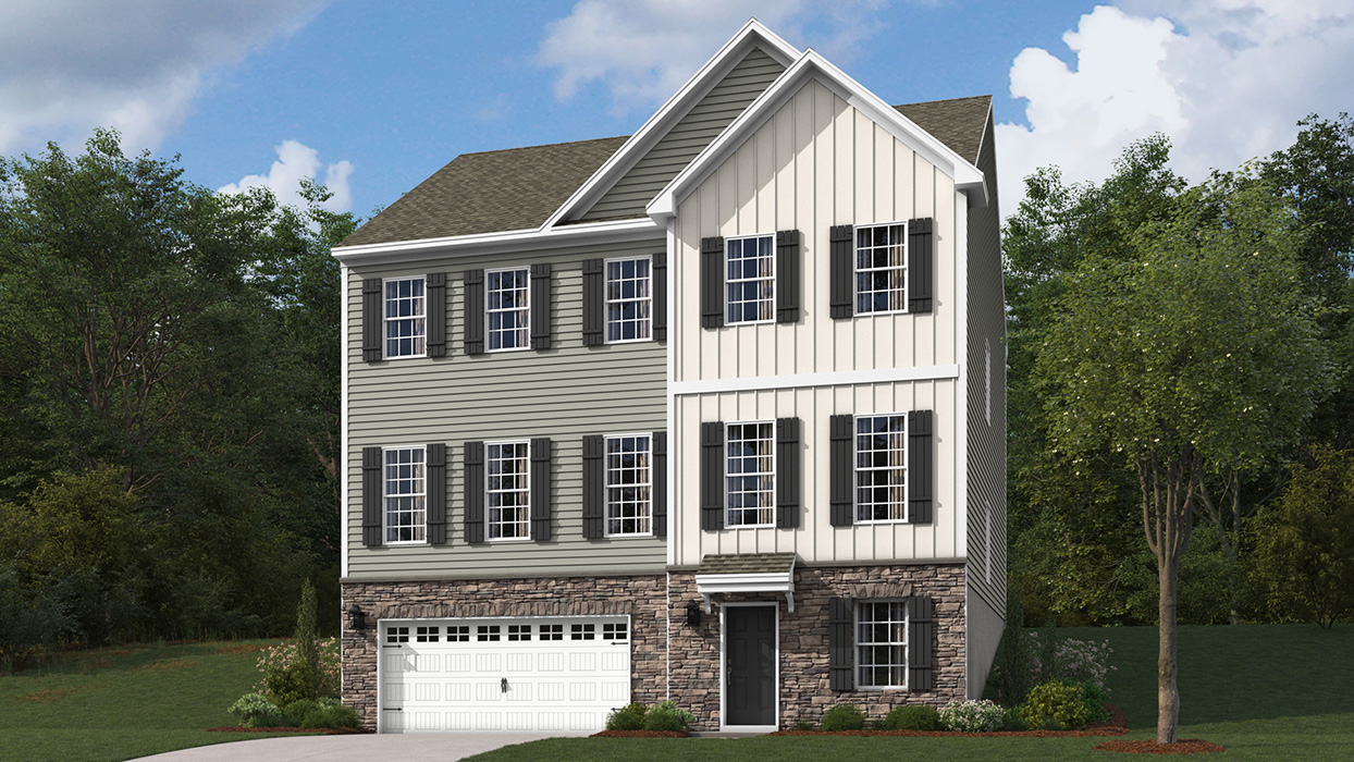 A rendering of a Yardley II home with sterling siding and linen board and batten accent siding, full ground floor stone, and a white two car garage.