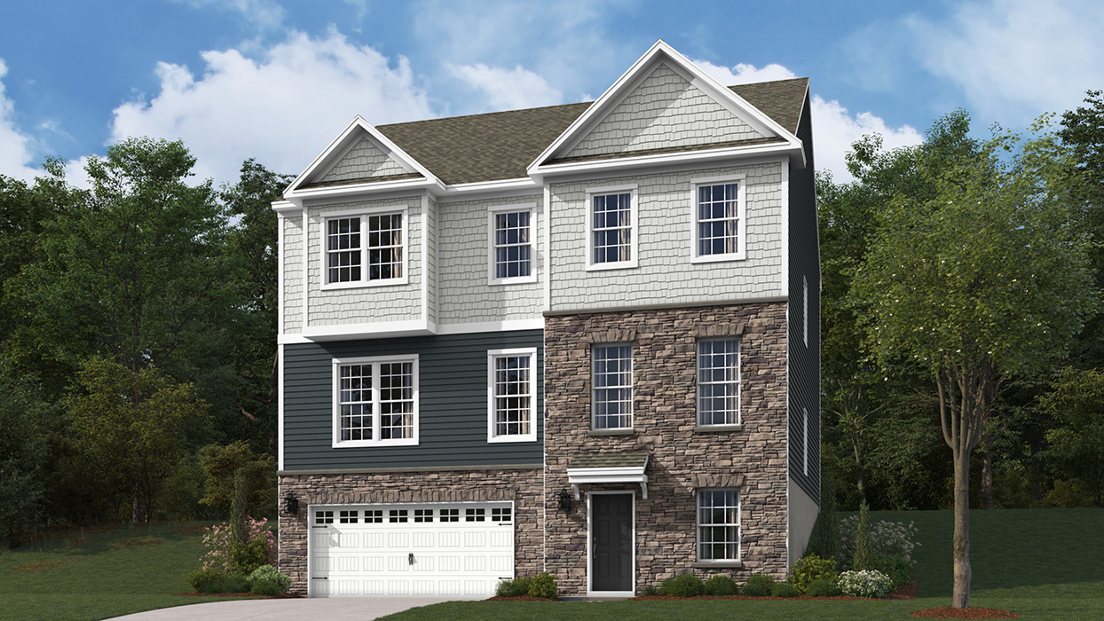 A rendering of a Yardley II home with sterling siding and ironstone accent siding, full ground floor stone, and a white two car garag
