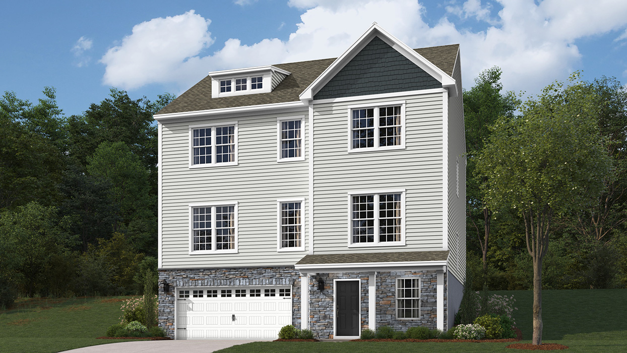 A rendering of a Yardley II home with sterling siding and ironstone accent siding, full ground floor stone, and a white two car garage.