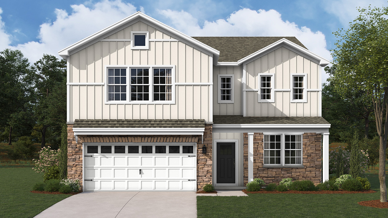 A rendering of a two-story Galen home with linen board and batten siding, white trim, and aspen ledge stone siding surrounding the first floor entrance and around a white two car garage.