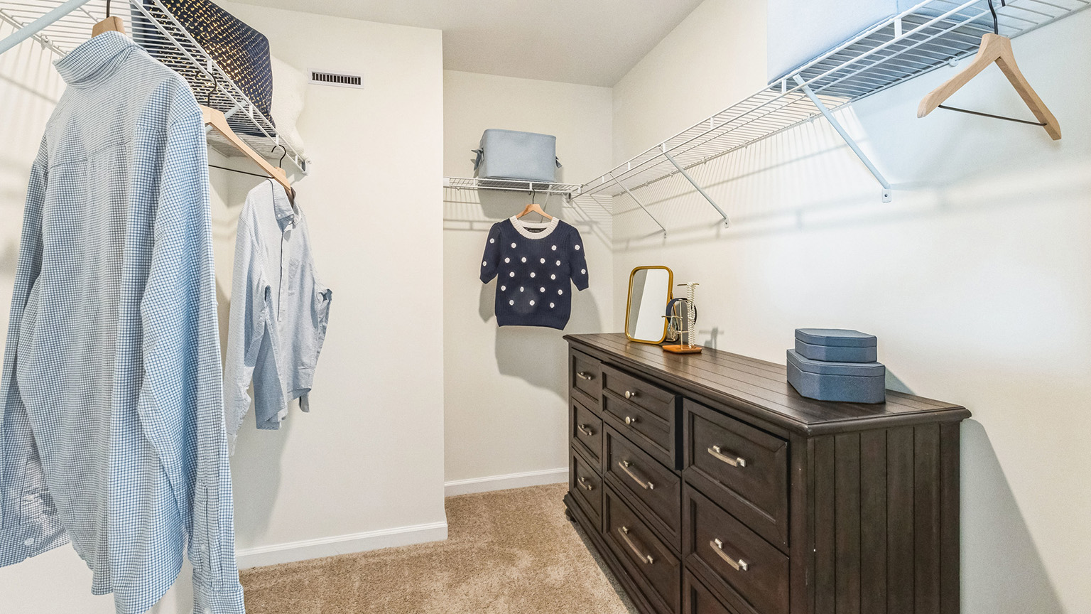 Primary bedroom closet with built in shelves.
