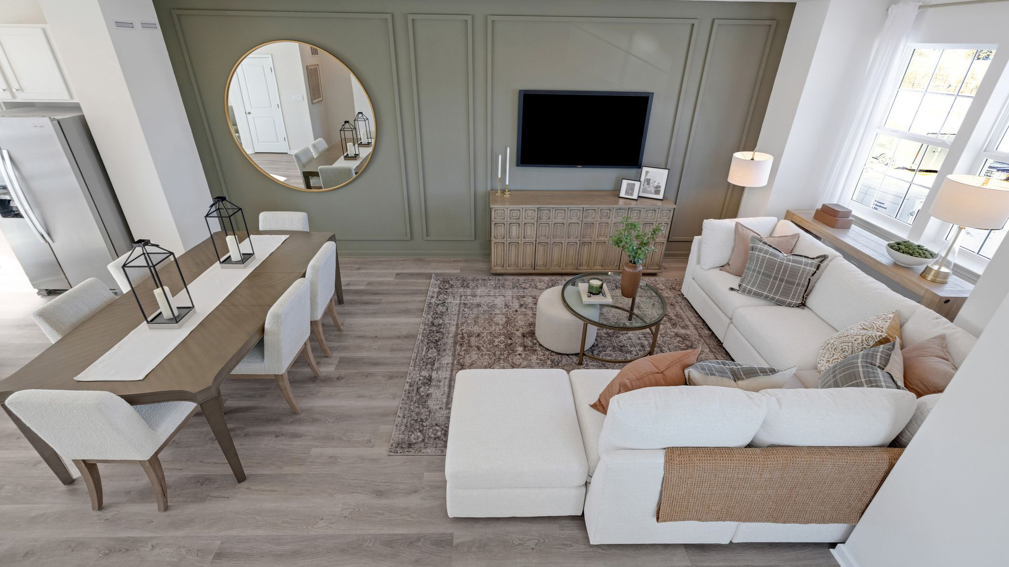 From the steps looking downward on the Living room and Dining room.