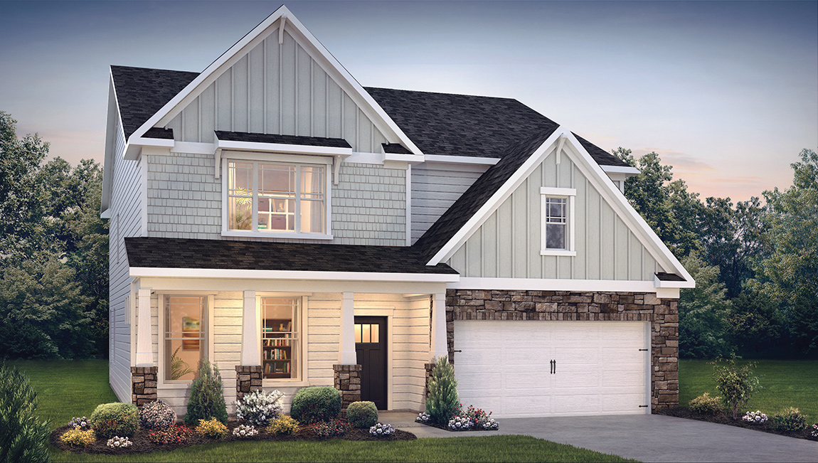 Exterior front image of a two story home in sterling with shake siding and board and batten accent siding with a white two car garage.