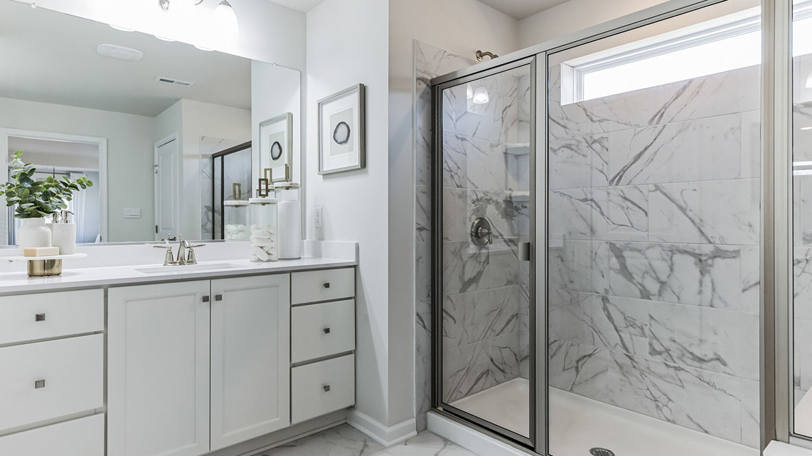 White and gray marble time in the shower.
