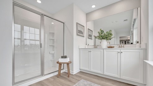 Bathroom with walk in shower and double sinks.