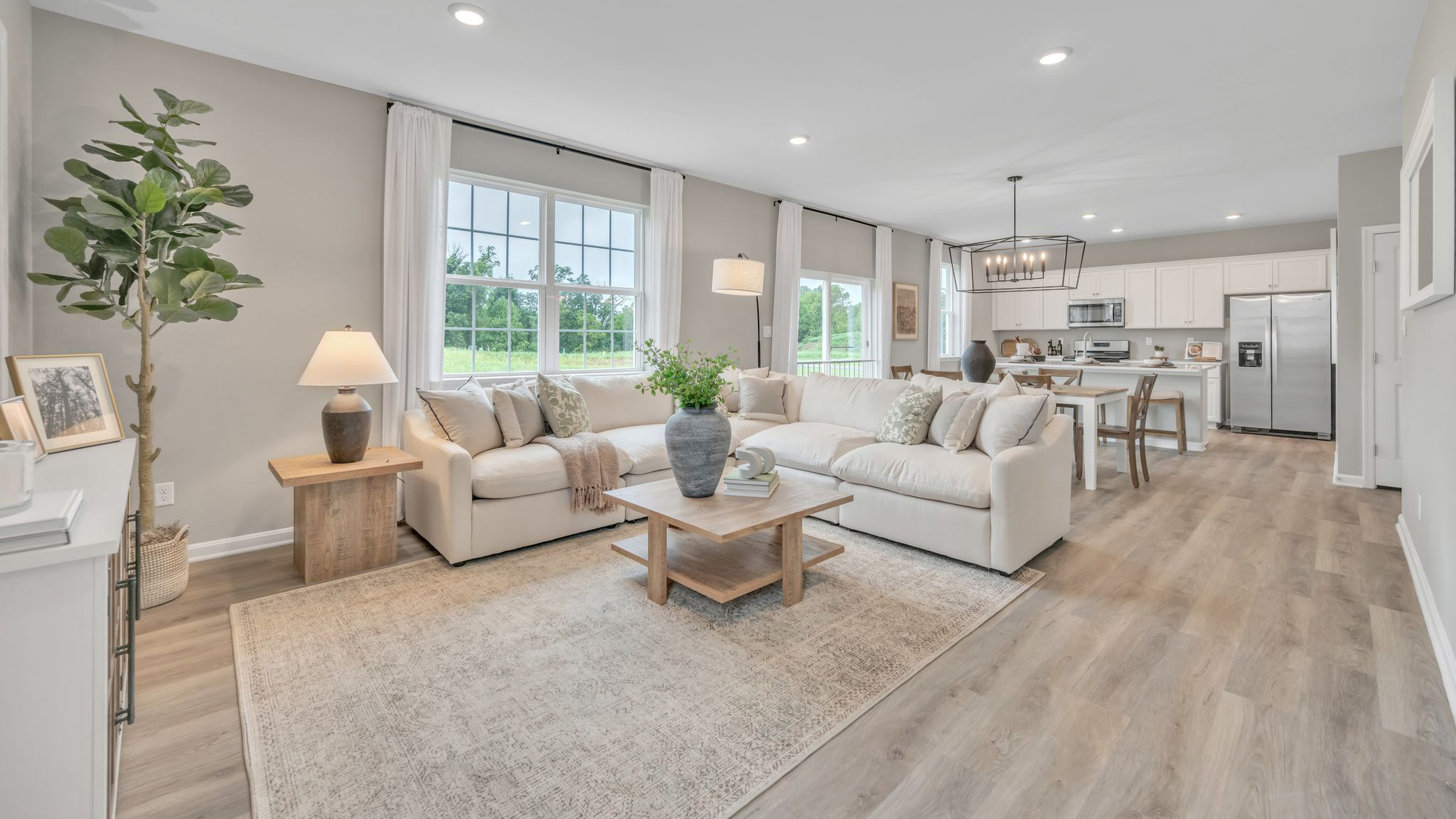 Galen open-concept living, dining and kitchen.