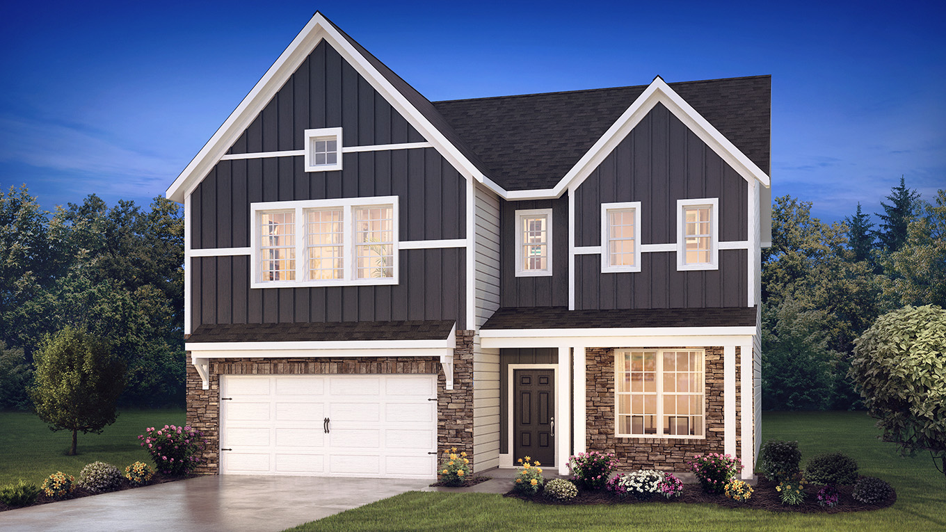 A rendering of a two-story Galen home with dark navy board and batten siding, white trim, and stone siding surrounding the first floor entrance and around a white two car garage.