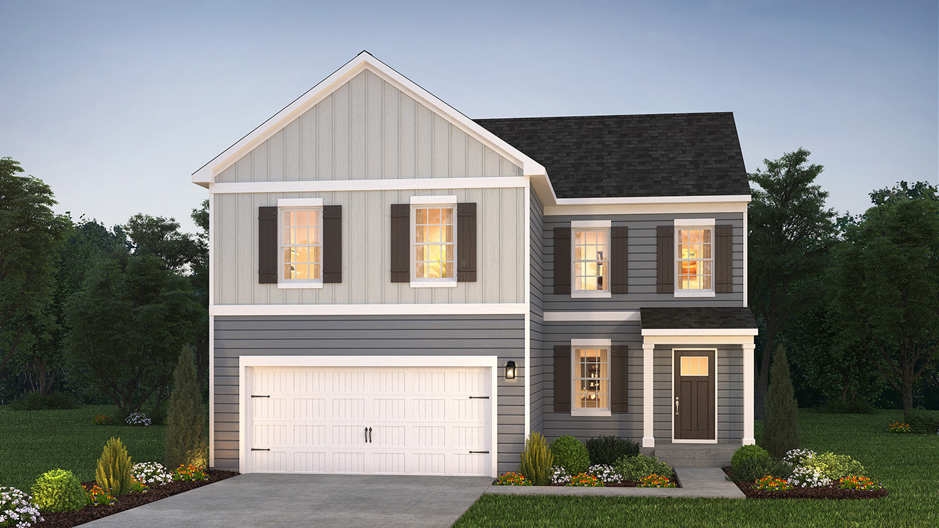 A rendering of a Derby home with storm primary siding, sterling board and batten accent siding, and white two car garage.