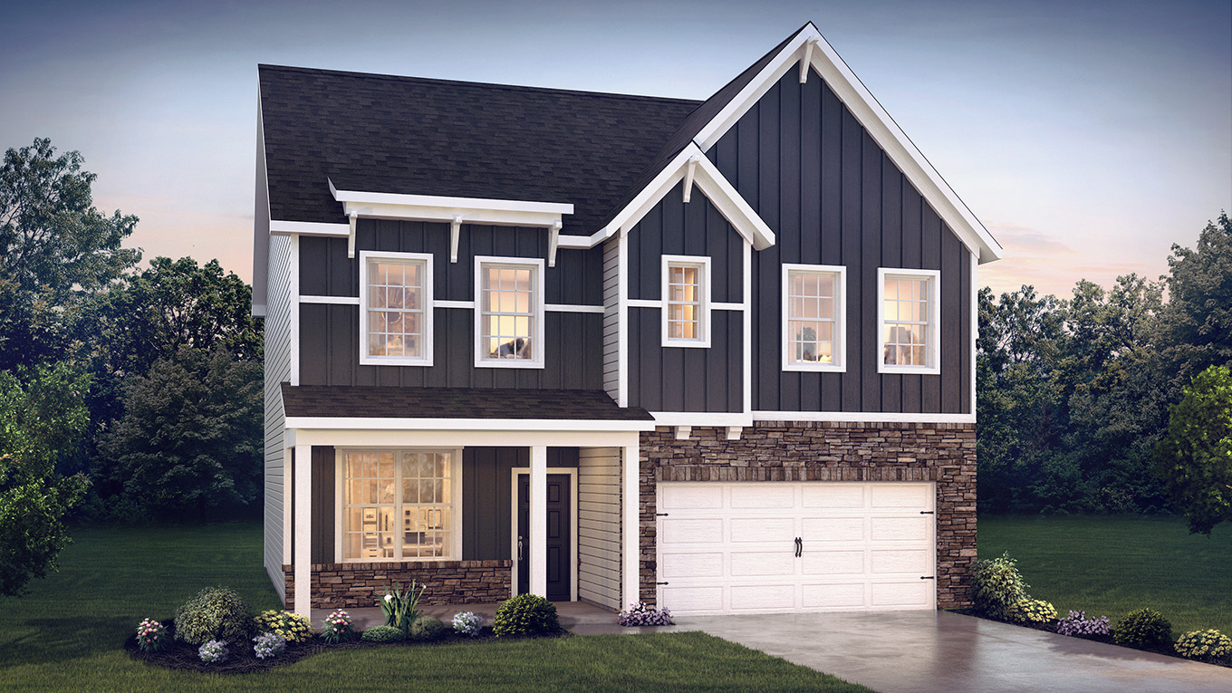 A rendering of a two-story Penny home with navy board and batten siding, stone kneewall, and stone siding surrounding a white two car garage.